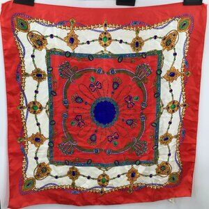 Women's Colorful Vintage Large Square Scarf Jewels Christmas Colors Retro 1980s